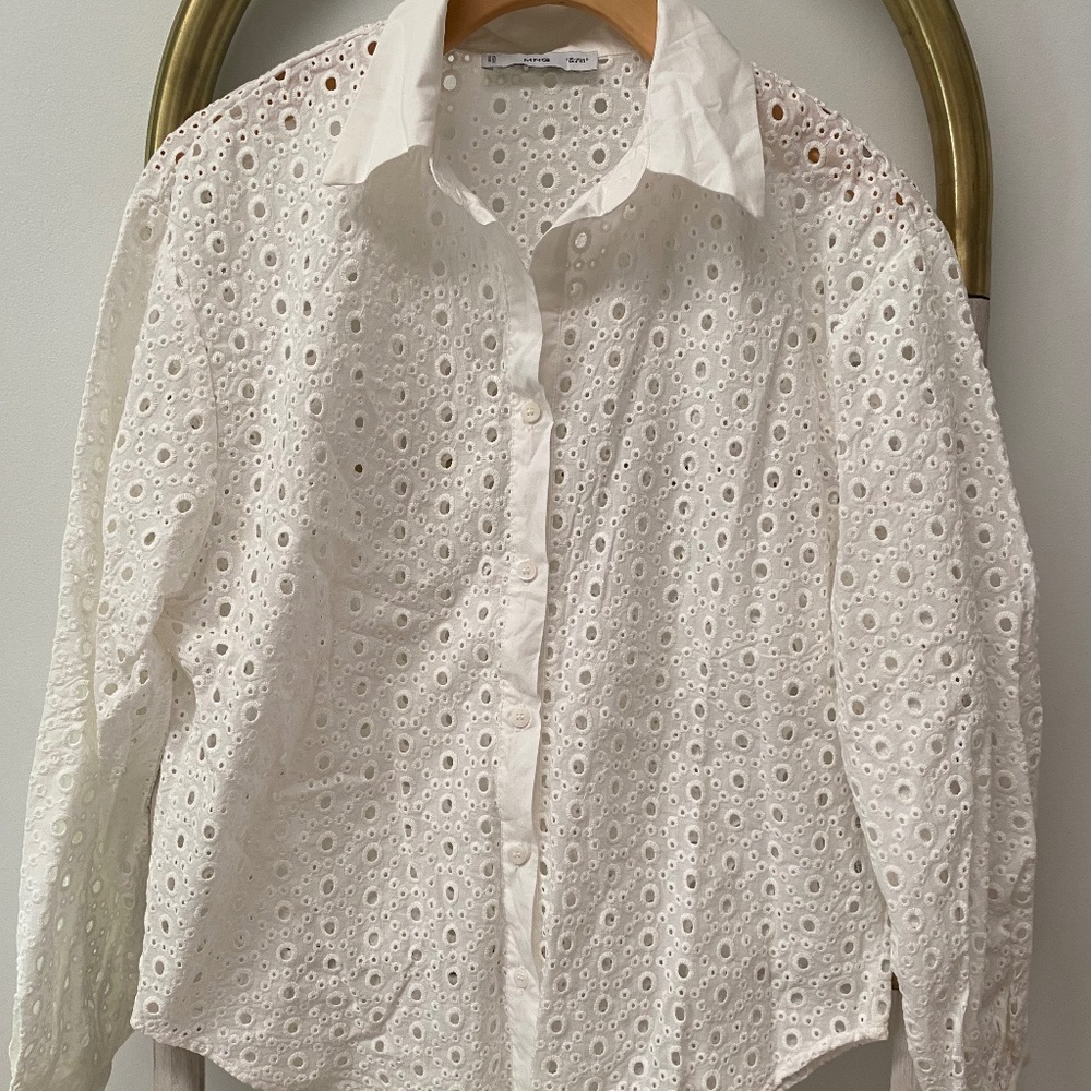 MNG by Mango Elegant Stylish White Open Eyelet 100% Cotton Blouse Shirt Size S